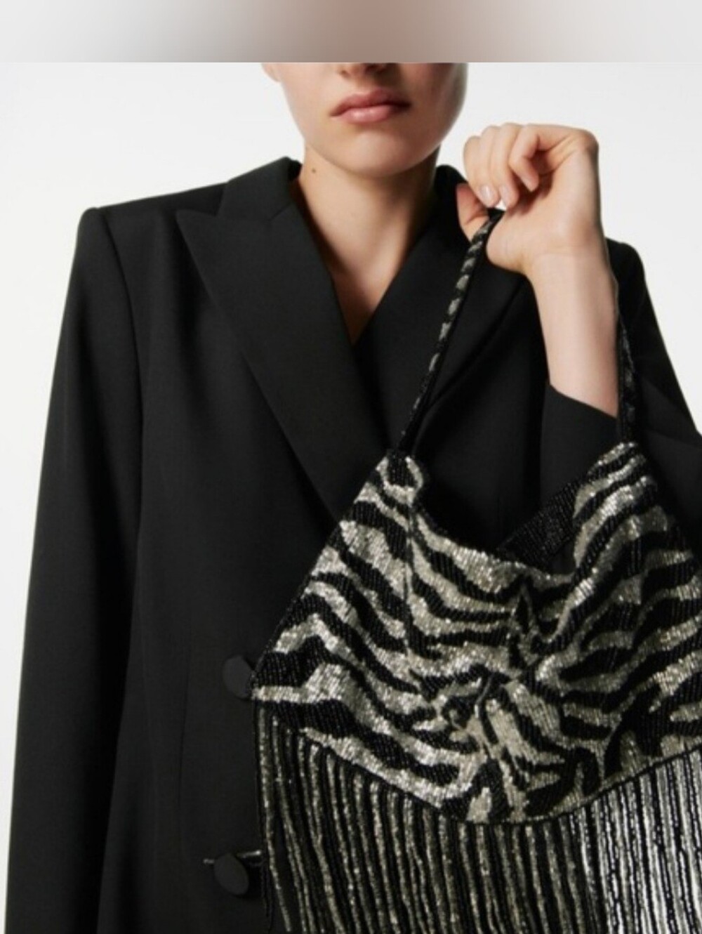 Zara Beaded Zebra Fringe Shoulder Bag - Black & Silver